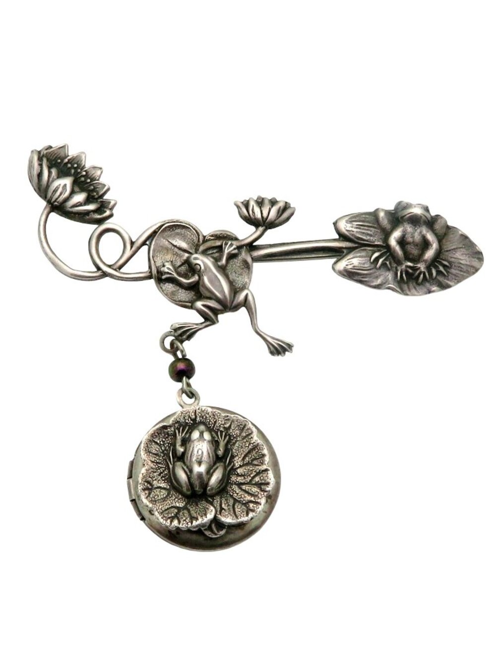 Vintage Art Nouveau Style Sterling Silver Frog Lily Pad Brooch Pin Dangle Locket